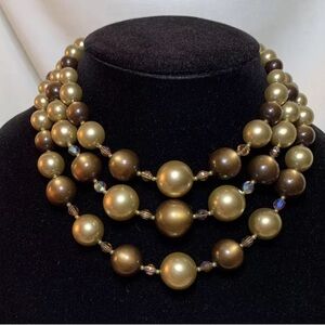 Vintage Triple Bronze Gold Beads Faceted Stones Aurora Borealis Choker Necklace